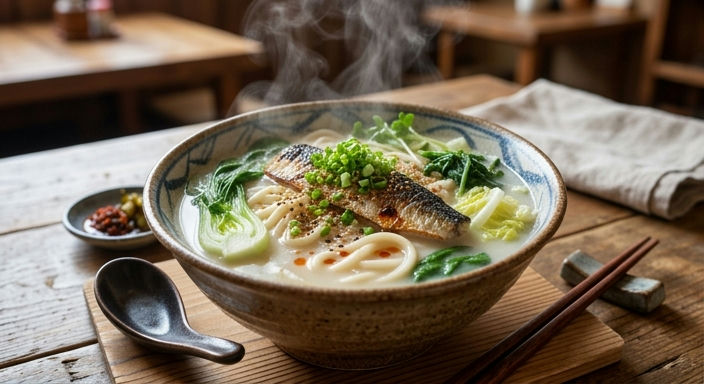 Korean-style White Broth Saury Noodle Soup