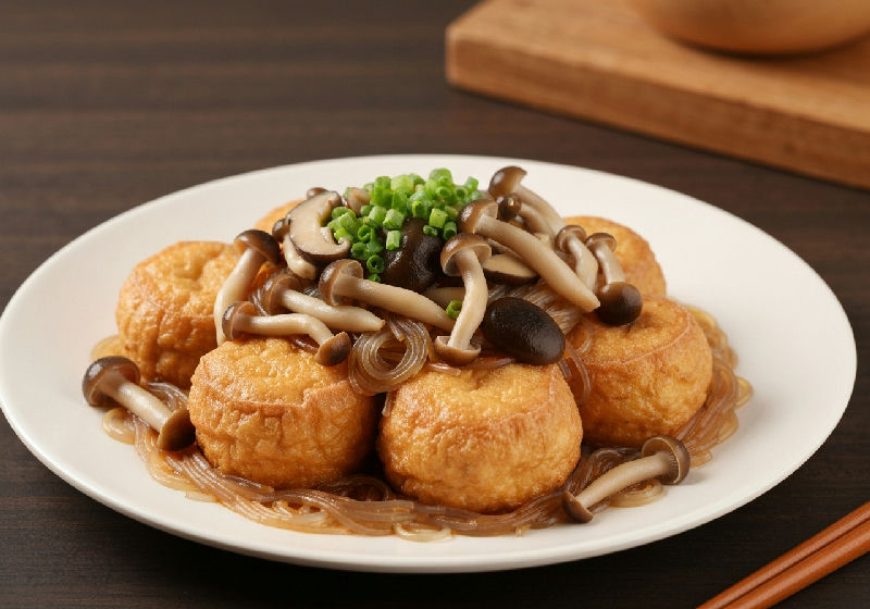Braised Fried Tofu Puffs with Mixed Mushrooms and Glass Noodles
