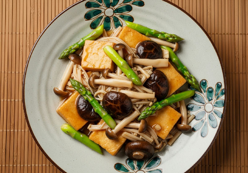 Stir-fried Tofu and Mixed Mushrooms with Asparagus in Vegetarian Oyster Sauce