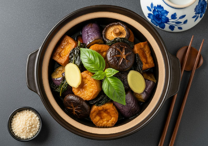 Claypot Braised Eggplant, Tofu Puffs, and Shiitake Mushrooms with Basil