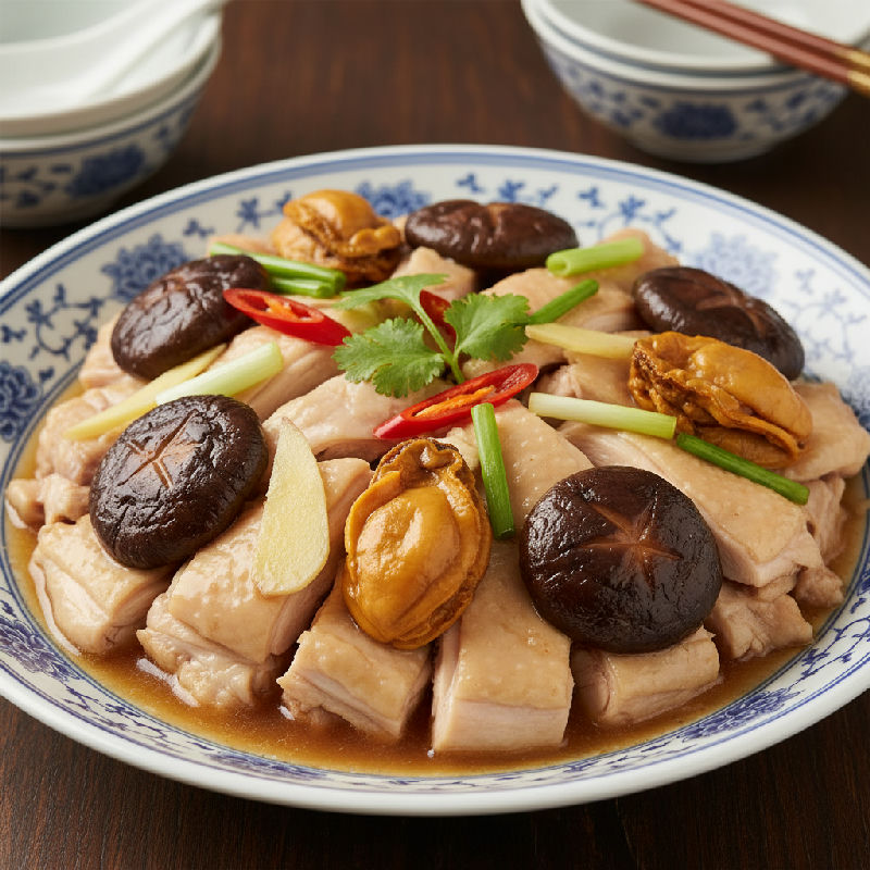Steamed Chicken with Dried Shiitake Mushrooms and Dried Oysters