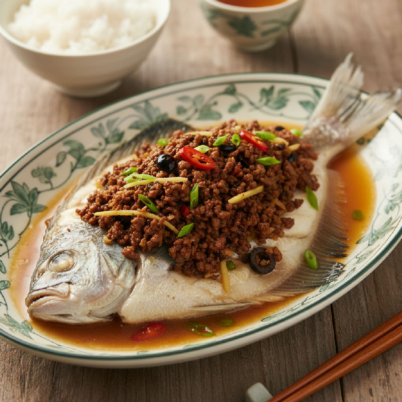 Steamed Silver Pomfret with Preserved Olives and Minced Pork