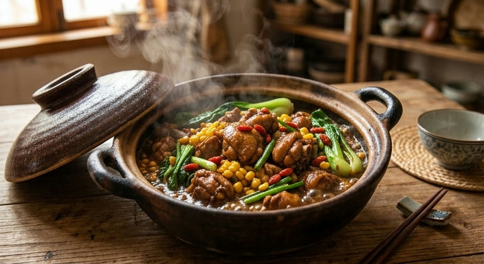 Spring Greens, Corn and Goji Braised Chicken Clay Pot