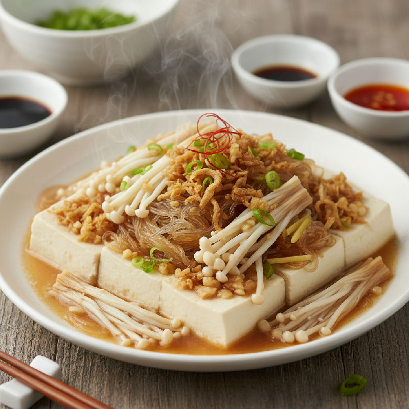 Steamed Silken Tofu with Preserved Radish, Enoki Mushrooms and Glass Noodles