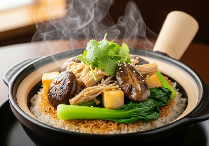 Vegetarian Claypot Rice with Mixed Mushrooms and Yam