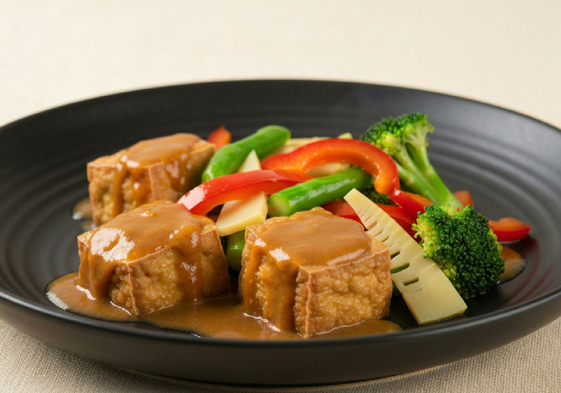 Braised Tofu Puffs with Mixed Vegetables and Satay Sauce