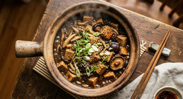 Spring Mushroom Tofu with Black Bean Sauce in Clay Pot