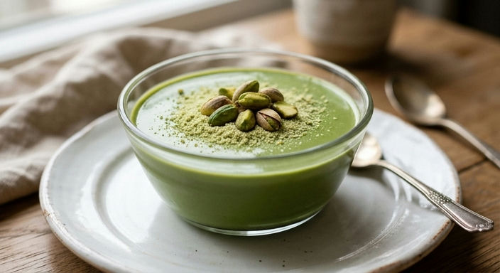 Matcha Pudding with Pistachio Powder