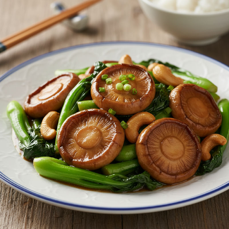 Stir-fried Mock Abalone with Kai-lan and Cashew Nuts