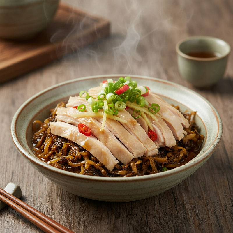 Steamed Chicken Fillet with Preserved Mustard Greens