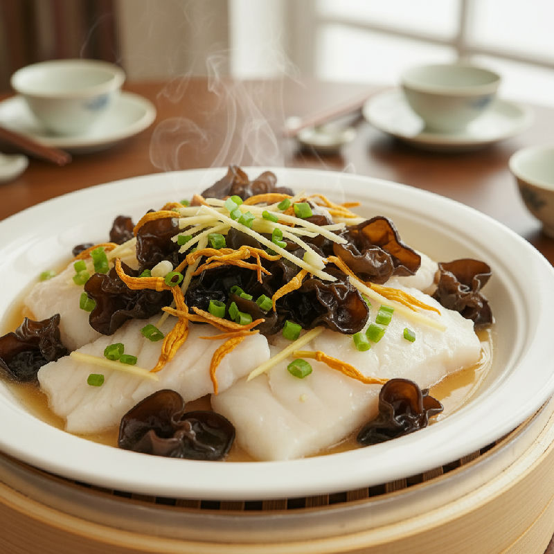 Steamed Halibut Fillet with Dried Lily Flowers and Wood Ear Mushrooms