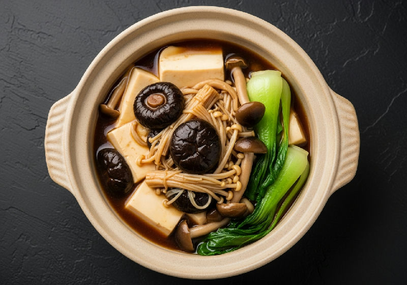 Braised Silken Tofu with Mixed Mushrooms and Seasonal Greens in Fermented Red Bean Curd Sauce
