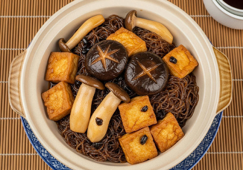 Claypot Braised Tofu, Assorted Mushrooms and Glass Noodles with Fermented Black Bean Sauce