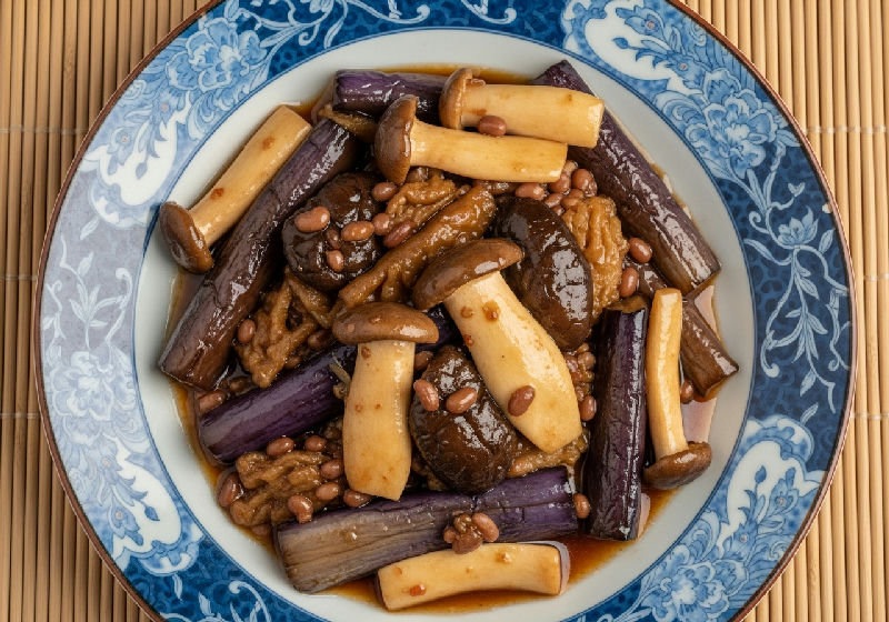 Braised Eggplant and King Oyster Mushrooms with Fermented Red Bean Curd
