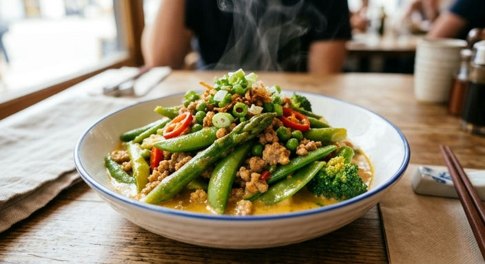 Stir-Fried Spring Vegetables with Salted Egg Yolk and Ground Pork