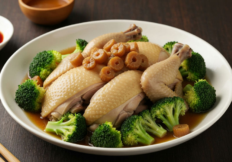 Steamed Chicken with Dried Scallops and Broccoli
