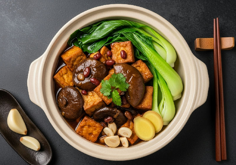 Braised Firm Tofu and King Oyster Mushrooms with Fermented Red Bean Curd Sauce