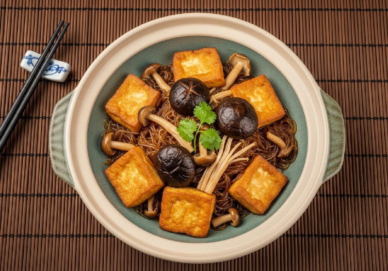 Claypot Braised Tofu with Assorted Mushrooms and Glass Noodles