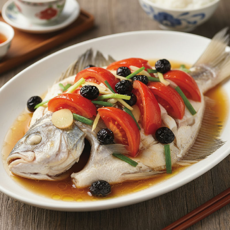 Steamed White Pomfret with Tomatoes and Preserved Olives