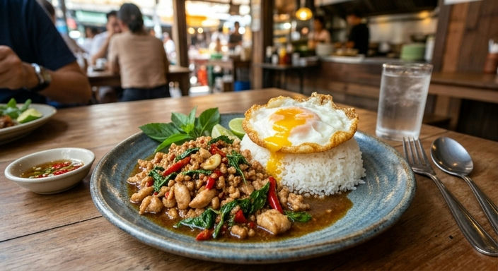 Thai Basil Chicken with Jasmine Rice and Fried Egg