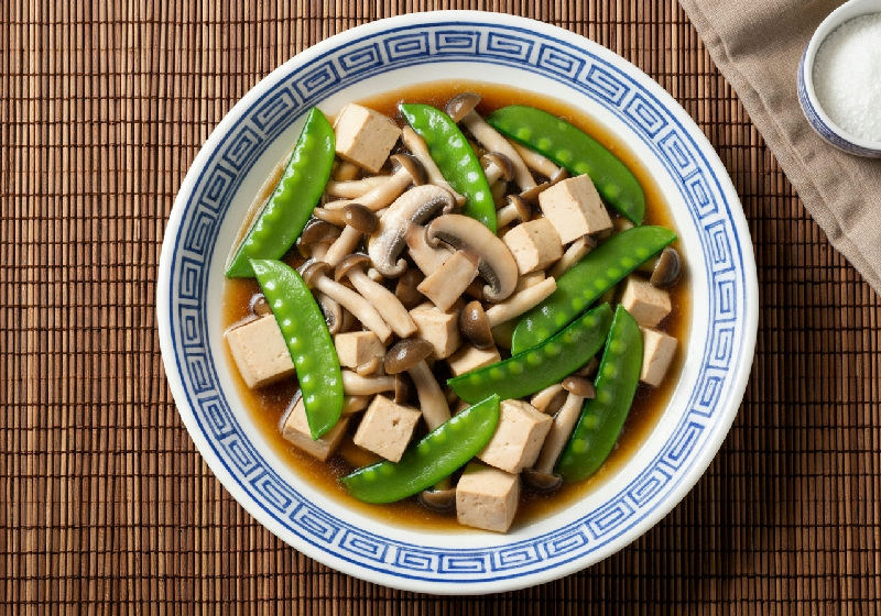 Braised Tofu with Mixed Mushrooms and Snow Peas in Vegetarian Oyster Sauce