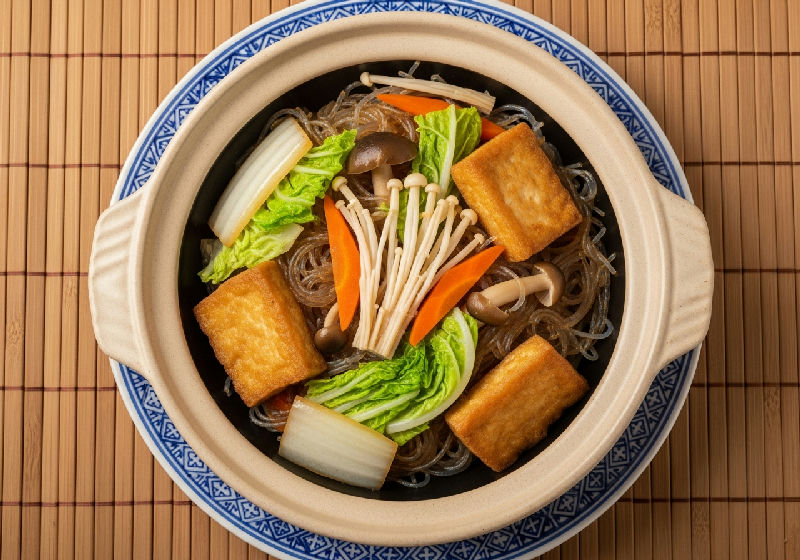 Claypot Braised Tofu with Enoki Mushrooms and Glass Noodles