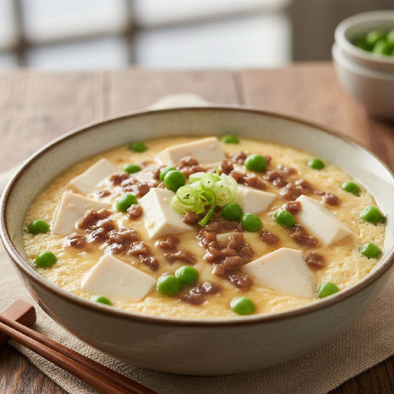 Steamed Egg Tofu with Minced Mushrooms and Peas