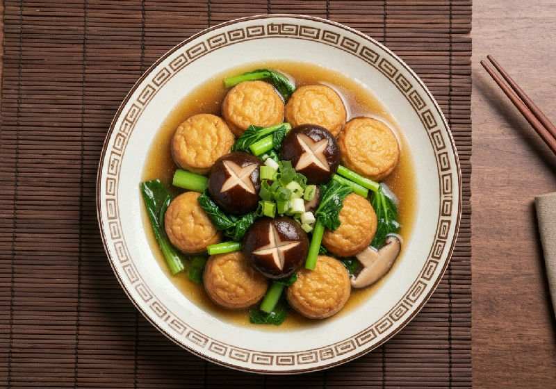 Braised Tofu and Shiitake Mushrooms with Seasonal Greens
