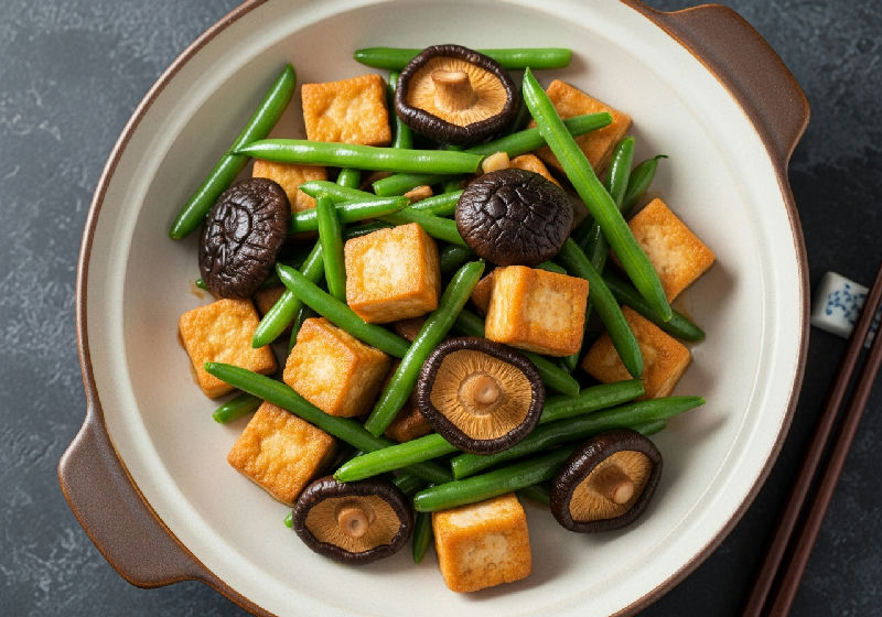 Stir-fried Firm Tofu with Green Beans and Shiitake Mushrooms in Preserved Olive Vegetable Sauce