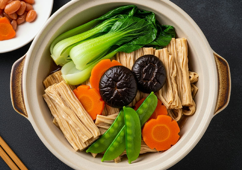 Braised Bean Curd Sheets with Assorted Vegetables and Fermented Red Bean Curd