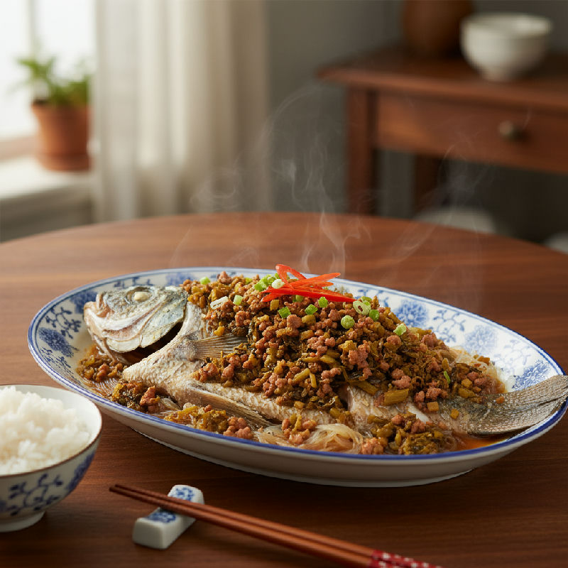 Steamed Sole Fish with Shredded Pork and Preserved Mustard Greens