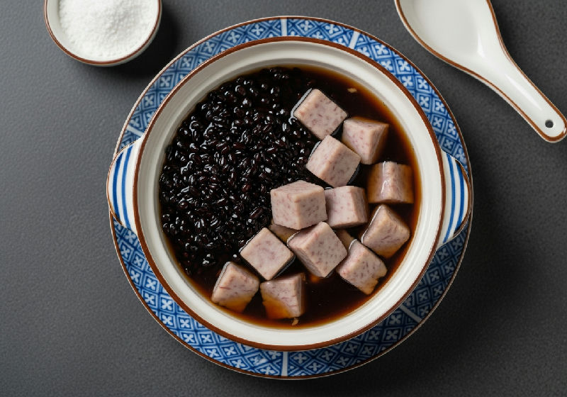 Black Glutinous Rice and Taro Sweet Soup with Coconut Cream