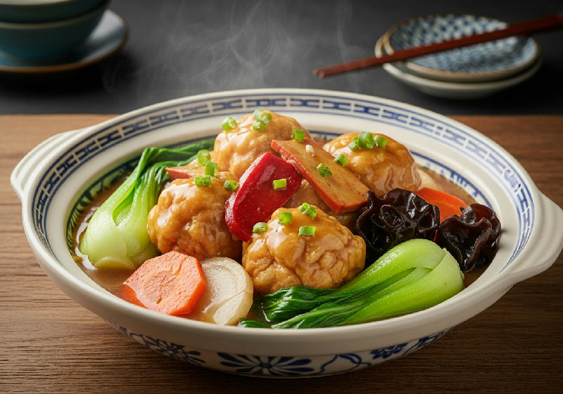 Braised Tofu Puffs with Fermented Bean Curd and Vegetables