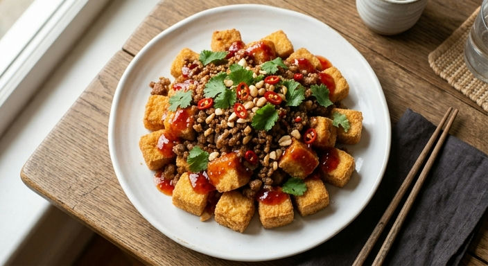 Thai Fried Tofu with Sweet Chilli Sauce and Minced Pork