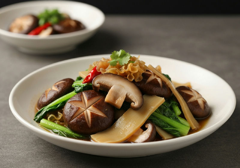 Braised Shiitake Mushrooms with Seasonal Greens and Bamboo Fungus