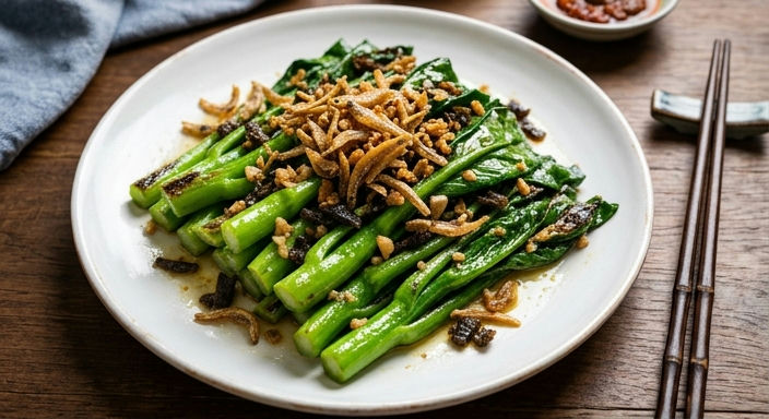 Garlic Preserved Vegetable Stir-fried Gai Lan with Crispy Anchovies