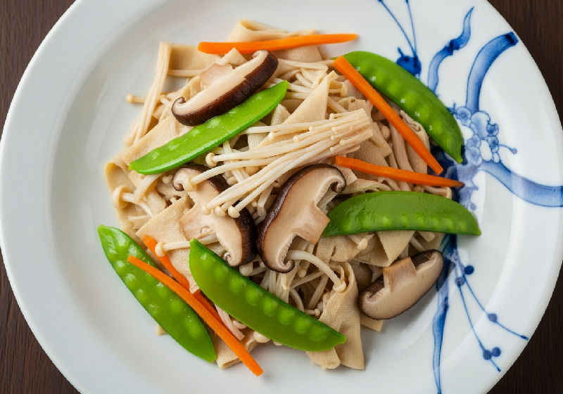 Stir-fried Tofu Skin with Mixed Mushrooms and Snow Peas