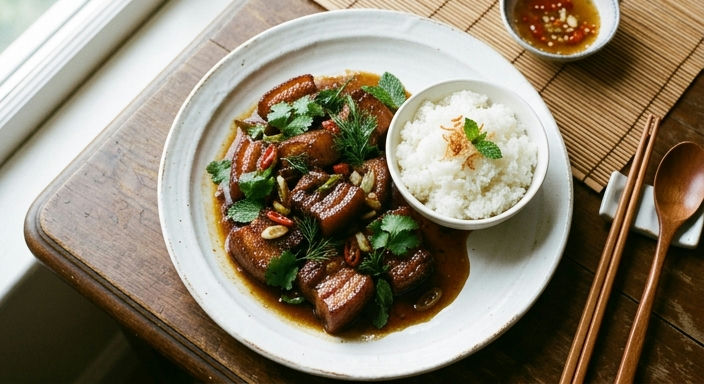 Vietnamese Caramel Pork with Spring Herbs and Fish Sauce