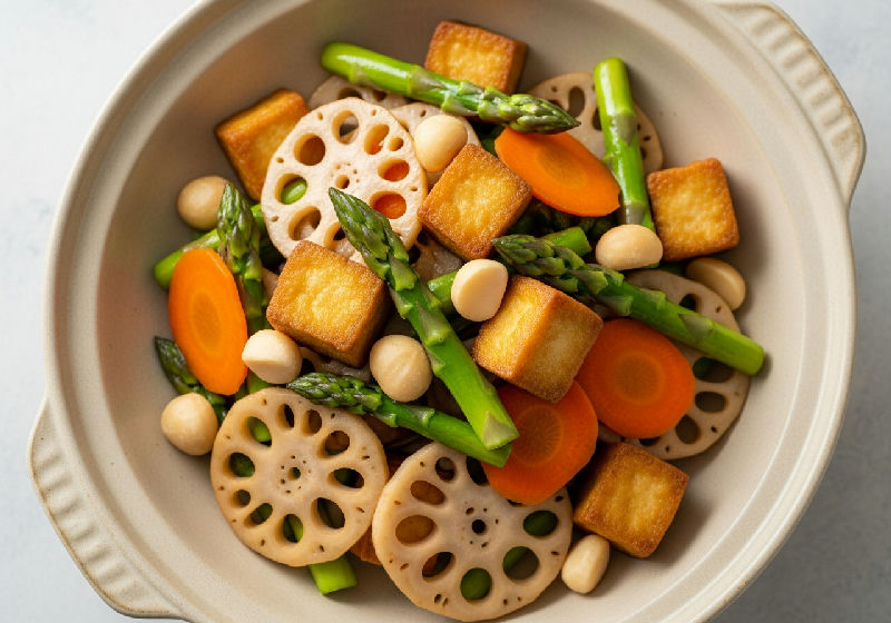 Stir-fried Lotus Root and Asparagus with Crispy Tofu and Macadamia Nuts