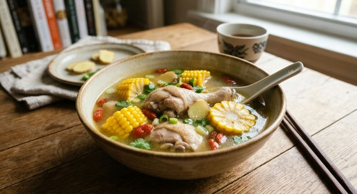 Spring Ginger Corn Chicken Soup with Goji