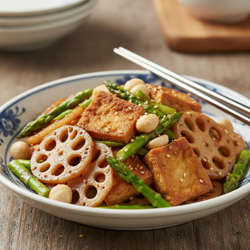 Stir-fried Lotus Root and Asparagus with Crispy Tofu and Macadamia Nuts