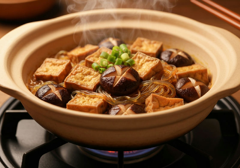 Claypot Braised Tofu with Shiitake Mushrooms and Glass Noodles