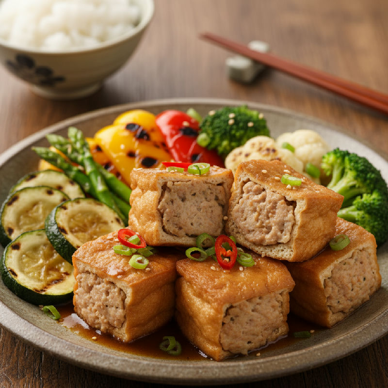 Braised Stuffed Tofu Puffs with Fish Paste and Seasonal Greens