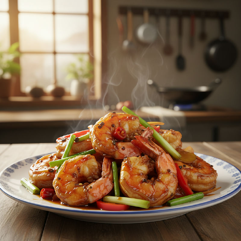 Wok-fried Prawns with Soy Sauce and Evaporated Milk