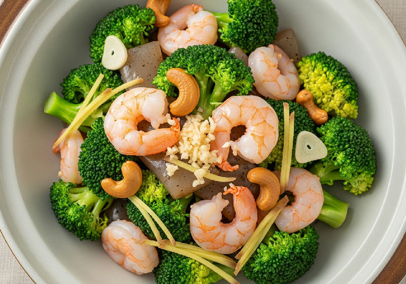 Stir-fried Broccoli with Vegetarian "Shrimp" and Cashew Nuts