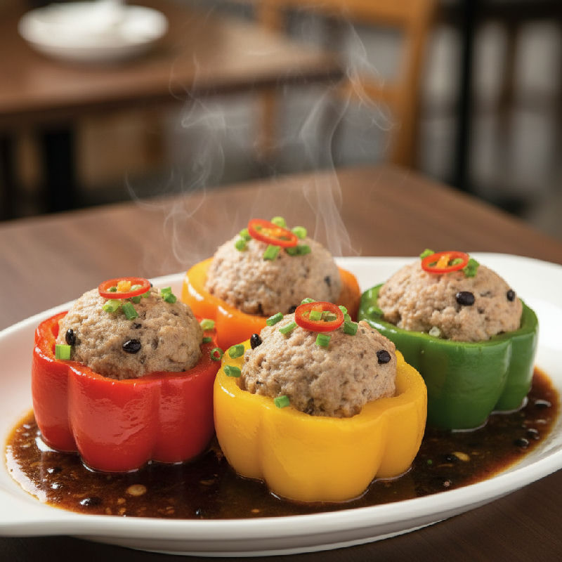 Pan-fried Stuffed Bell Peppers with Vegetarian Mince and Mushrooms in Black Bean Sauce