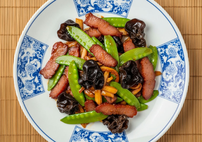 Stir-fried Vegetarian Char Siu with Snow Peas and Wood Ear Mushrooms