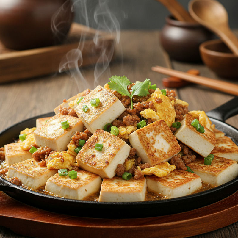 Pan-fried Egg Tofu with Minced Pork and Preserved Radish
