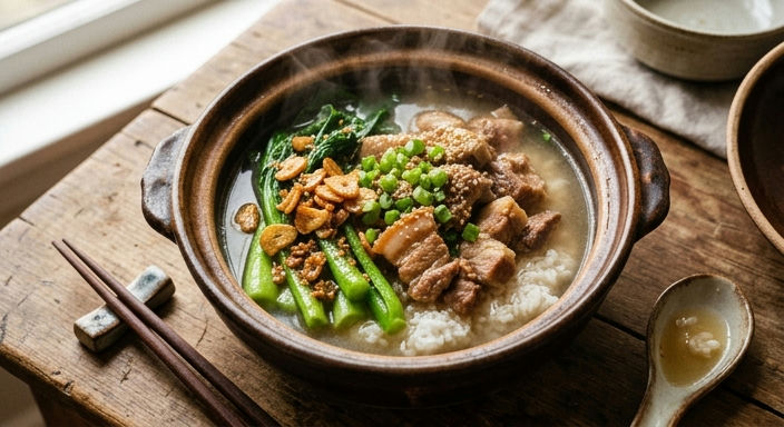 Clear Broth Busan Pork Bone Rice with Fried Garlic Spring Greens