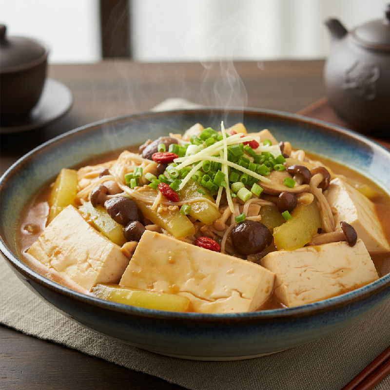 Braised Silken Tofu and Assorted Mushrooms with Winter Melon and Goji Berries